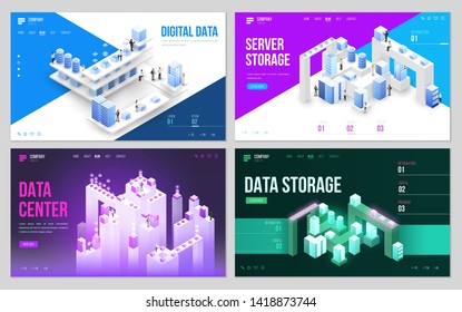 Set of design web site, landing page or presentation template. Minimal modern high technology concept for data center with server or hosting. Isometric vector illustration.