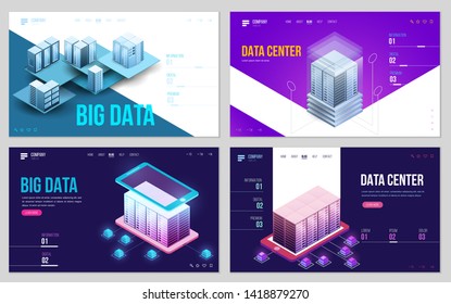 Set of design web site, landing page or presentation template. Minimal modern high technology concept for data center with server or hosting. Isometric vector illustration.