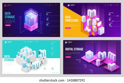 Set of design web site, landing page or presentation template. Minimal modern high technology concept for data center with server or hosting. Isometric vector illustration.