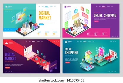 Set of design web site, landing page or presentation template. Minimal modern concept for online shopping, e-commerce market. Isometric vector illustration.