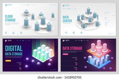 Set of design web site, landing page or presentation template. Minimal modern high technology concept for data center with server or hosting. Isometric vector illustration.