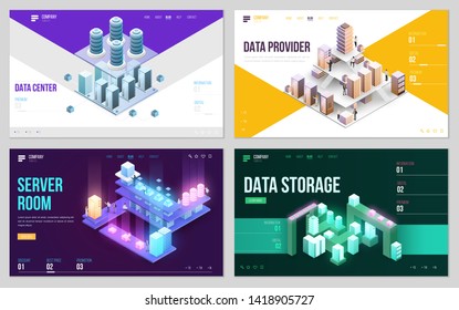 Set of design web site, landing page or presentation template. Minimal modern high technology concept for data center with server or hosting. Isometric vector illustration.