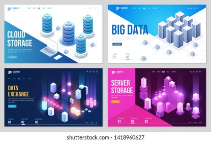 Set of design web site, landing page or presentation template. Minimal modern high technology concept for data center with server or hosting. Isometric vector illustration.