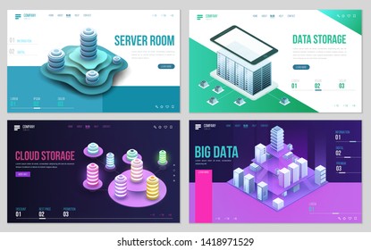Set of design web site, landing page or presentation template. Minimal modern high technology concept for data center with server or hosting. Isometric vector illustration.