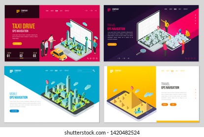 Set of design web site, landing page or presentation template. Minimal modern concept for gps navigation, digital online map. Isometric vector illustration.