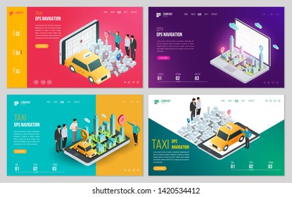 Set of design web site, landing page or presentation template. Minimal modern concept for gps navigation, digital online map. Isometric vector illustration.
