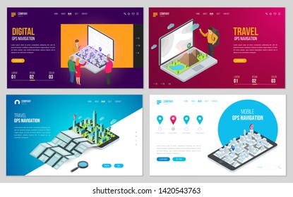 Set of design web site, landing page or presentation template. Minimal modern concept for gps navigation, digital online map. Isometric vector illustration.