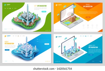 Set of design web site, landing page or presentation template. Minimal modern concept for gps navigation, digital online map. Isometric vector illustration.