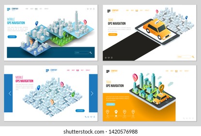 Set of design web site, landing page or presentation template. Minimal modern concept for gps navigation, digital online map. Isometric vector illustration.