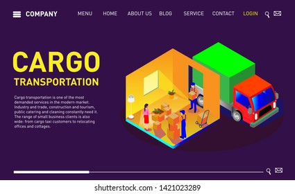 Set of design web site, landing page or presentation template. Minimal modern concept for companies engaged in transportation of goods for the population. Isometric vector illustration.