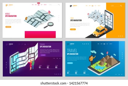 Set of design web site, landing page or presentation template. Minimal modern concept for gps navigation, digital online map. Isometric vector illustration.