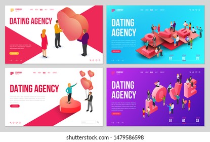 Set of design website, landing page or presentation template for wedding company or dating agency. Minimal modern concept. Isometric vector illustration.