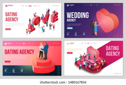 Set of design website, landing page or presentation template for wedding company or dating agency. Minimal modern concept. Isometric vector illustration.