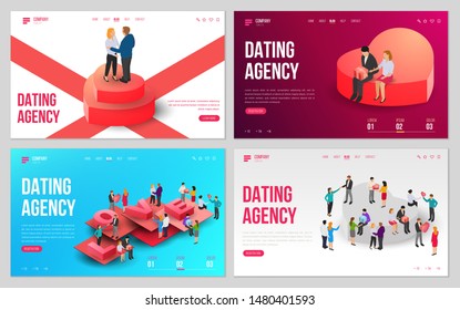 Set of design website, landing page or presentation template for wedding company or dating agency. Minimal modern concept. Isometric vector illustration.
