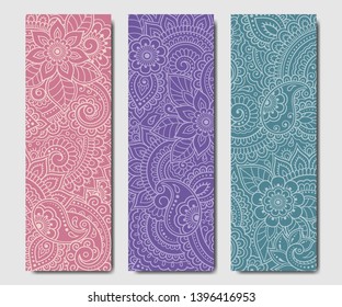 Set of design yoga mats. Floral pattern in oriental style for decoration sport equipment. Colorful ethnic Indian ornaments for spiritual serenity. Decor of business card, poster, print in henna tattoo