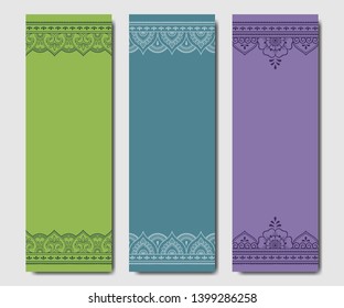 Set of design yoga mats. Floral pattern in oriental style for decoration sport equipment. Colorful ethnic Indian ornaments for spiritual serenity. Decor of business card, poster, print in henna tattoo