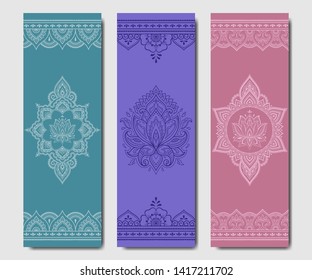 Set of design yoga mats. Floral pattern in oriental style for decoration sport equipment. Colorful ethnic Indian ornaments for spiritual serenity. Decor of business card, poster, print in henna tattoo