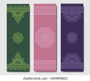 Set of design yoga mats. Floral and mandala pattern in oriental style for decoration sport equipment. Colorful ethnic Indian ornaments for spiritual serenity. Decor of business card, poster, print.