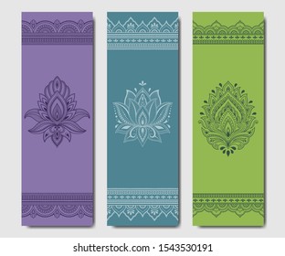 Set of design yoga mats. Floral and mandala pattern in oriental style for decoration sport equipment. Colorful ethnic Indian ornaments for spiritual serenity. Decor of business card, poster, print.