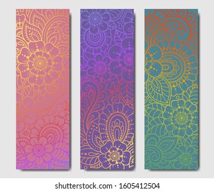 Set of design yoga mats. Floral pattern in oriental style for decoration sport equipment. Colorful ethnic Indian ornaments for spiritual serenity. Decor of business card, poster, print in henna tattoo