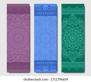 Set of design yoga mats. Floral and mandala pattern in oriental style for decoration sport equipment. Colorful ethnic Indian ornaments for spiritual serenity. Decor of business card, poster, print.