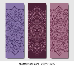 Set of design yoga mats. Floral and mandala pattern in oriental style for decoration sport equipment. Colorful ethnic Indian ornaments for spiritual serenity. Decor of business card, poster, print.