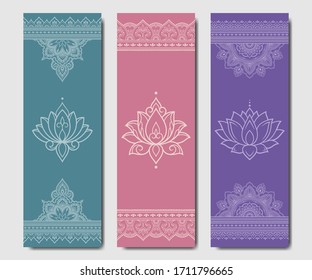 Set of design yoga mats. Lotus floral and mandala pattern in oriental style for decoration sport equipment. Colorful ethnic Indian ornaments for spiritual serenity. Decor of card, poster, print.