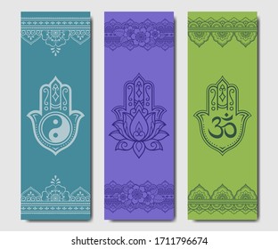 Set of design yoga mats. Lotus floral pattern, OM and Yin-yang in oriental style for decoration sport equipment. Colorful ethnic Indian ornaments for spiritual serenity. Decor of card, poster, print.