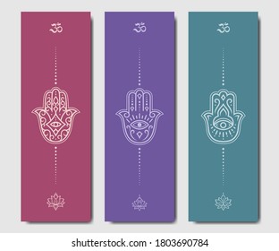 Set of design yoga mats. Lotus floral pattern, OM and Hamsa in oriental style for decoration sport equipment. Colorful ethnic Indian ornaments for spiritual serenity. Decor of card, poster, print.A