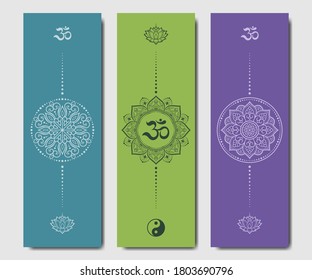 Set of design yoga mats. Lotus floral pattern, OM and Yin-yang in oriental style for decoration sport equipment. Colorful ethnic Indian ornaments for spiritual serenity. Decor of card, poster, print.