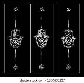 Set of design yoga mats. Lotus floral pattern, OM and Hamsa in oriental style for decoration sport equipment. White ethnic Indian ornaments for coloring on black. Decor of card, poster, print.