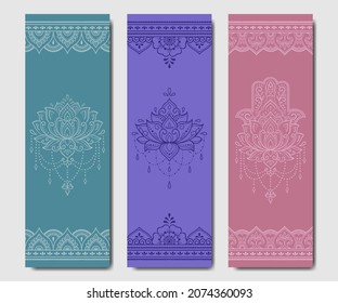 Set of design yoga mats. Lotus floral and mandala pattern in oriental style for decoration sport equipment. Colorful ethnic Indian ornaments for spiritual serenity. Decor of card, poster, print.