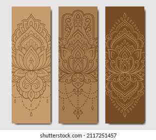 Set of design yoga mats. Lotus floral and mandala pattern in oriental style for decoration sport equipment. Colorful ethnic Indian ornaments for spiritual serenity. Decor of card, poster, print.