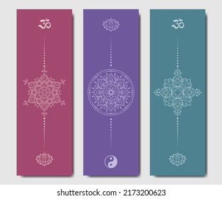 Set of design yoga mats. Lotus floral pattern, OM and Yin-yang in oriental style for decoration sport equipment. Colorful ethnic Indian ornaments for spiritual serenity. Decor of card, poster, print.