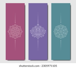 Set of design yoga mats. Lotus floral pattern, mandala in oriental style for decoration sport equipment. Colorful ethnic Indian ornaments for spiritual serenity. Decor of card, poster, print.