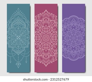 Set of design yoga mats. Lotus floral pattern, mandala in oriental style for decoration sport equipment. Colorful ethnic Indian ornaments for spiritual serenity. Decor of card, poster, print.