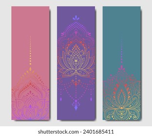 Set of design yoga mats. Lotus floral pattern, mandala in oriental style for decoration sport equipment. Colorful ethnic Indian ornaments for spiritual serenity. Decor of card, poster, print.