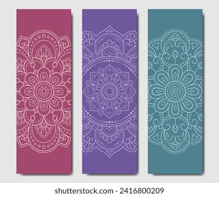 Set of design yoga mats. Lotus floral pattern, mandala in oriental style for decoration sport equipment. Colorful ethnic Indian ornaments for spiritual serenity. Decor of card, poster, print.