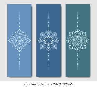 Set of design yoga mats. Lotus floral pattern, mandala in oriental style for decoration sport equipment. Colorful ethnic Indian ornaments for spiritual serenity. Decor of card, poster, print.