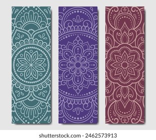 Set of design yoga mats. Lotus floral pattern, mandala in oriental style for decoration sport equipment. Colorful ethnic Indian ornaments for spiritual serenity. Decor of card, poster, print.