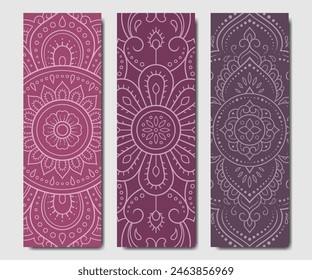 Set of design yoga mats. Lotus floral pattern, mandala in oriental style for decoration sport equipment. Colorful ethnic Indian ornaments for spiritual serenity. Decor of card, poster, print.