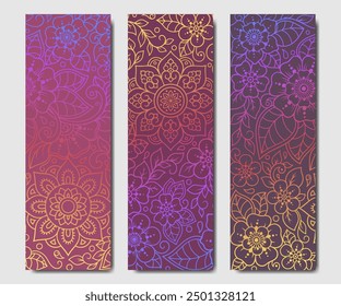 Set of design yoga mats. Lotus floral pattern, mandala in oriental style for decoration sport equipment. Colorful ethnic Indian ornaments for spiritual serenity. Decor of card, poster, print.