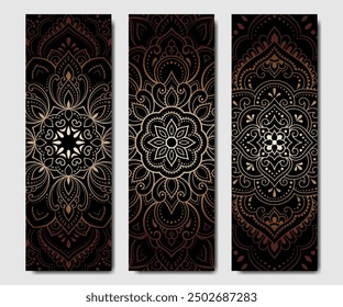 Set of design yoga mats. Lotus floral pattern, mandala in oriental style for decoration sport equipment. Colorful ethnic Indian ornaments for spiritual serenity. Decor of card, poster, print.