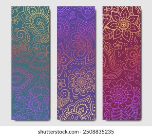 Set of design yoga mats. Lotus floral pattern, mandala in oriental style for decoration sport equipment. Colorful ethnic Indian ornaments for spiritual serenity. Decor of card, poster, print.