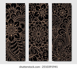 Set of design yoga mats. Lotus floral pattern, mandala in oriental style for decoration sport equipment. Colorful ethnic Indian ornaments for spiritual serenity. Decor of card, poster, print.