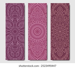 Set of design yoga mats. Lotus floral pattern, mandala in oriental style for decoration sport equipment. Colorful ethnic Indian ornaments for spiritual serenity. Decor of card, poster, print.