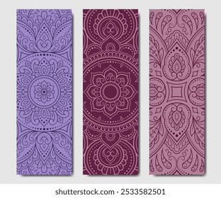 Set of design yoga mats. Lotus floral pattern, mandala in oriental style for decoration sport equipment. Colorful ethnic Indian ornaments for spiritual serenity. Decor of card, poster, print.