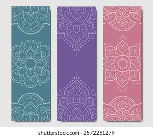 Set of design yoga mats. Lotus floral pattern, mandala in oriental style for decoration sport equipment. Colorful ethnic Indian ornaments for spiritual serenity. Decor of card, poster, print.