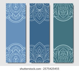 Set of design yoga mats. Lotus floral pattern, mandala in oriental style for decoration sport equipment. Colorful ethnic Indian ornaments for spiritual serenity. Decor of card, poster, print.