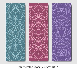 Set of design yoga mats. Lotus floral pattern, mandala in oriental style for decoration sport equipment. Colorful ethnic Indian ornaments for spiritual serenity. Decor of card, poster, print.